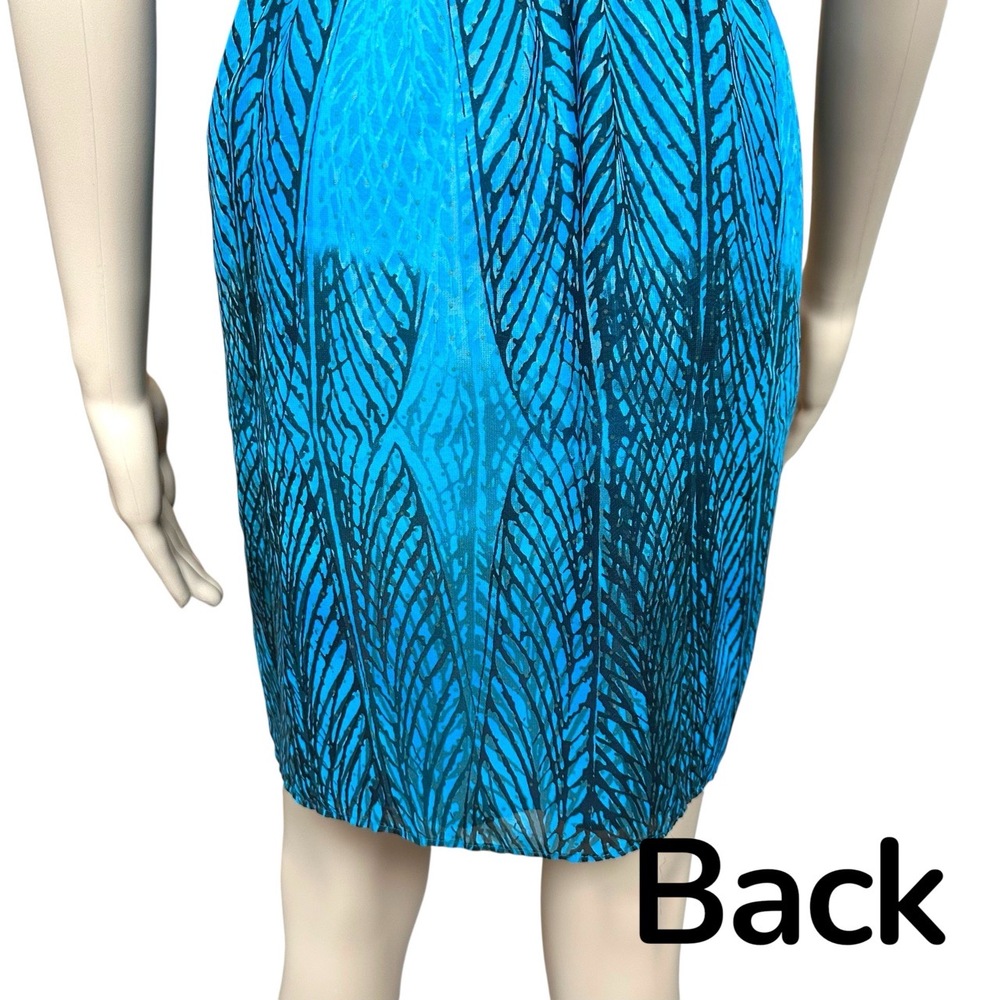 Bebe Blue Abstract Faux Wrap Draped Mini Dress Sleeveless Tulip Hem Airy Size XS - Picture 8 of 10